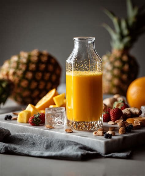 A vibrant glass of Golden Glow Juice with fresh ingredients around it.