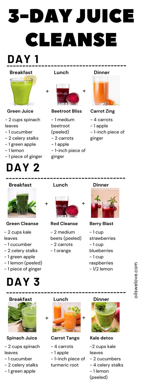 A visual schedule for a 3-day juice cleanse, showing recommended juices and timings.