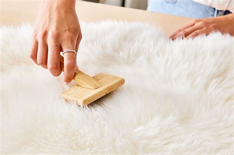 A person gently brushing a sheepskin rug with a specialized wool brush.