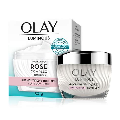 Elegant glass jar packaging of Olay Luminous Niacinamide + Rose Complex Cream