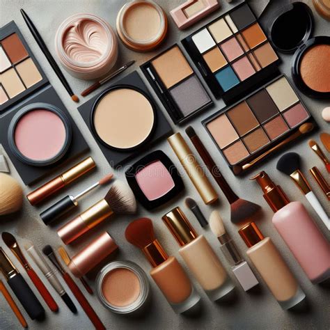 A flat lay of makeup products including foundation, concealer, blush, eyeshadow, and lipstick, all in warm-toned shades suitable for tan skin.
