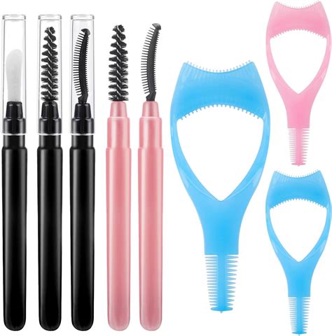 Collage of essential tools: eyelash curler, spoolie, lash comb, mascara