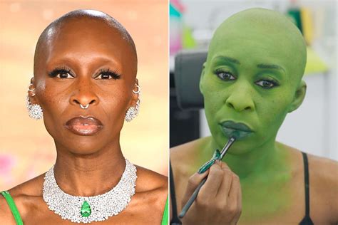 Close-up of Cynthia Erivo's green skin makeup, highlighting texture and detail