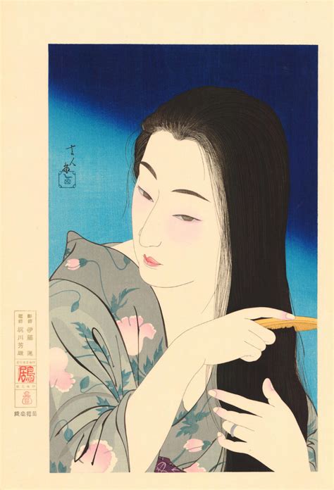 An ukiyo-e woodblock print depicting a woman meticulously applying white face powder.