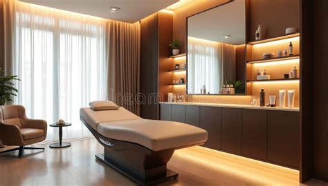 Interior of a luxurious and aesthetically pleasing skincare clinic with soft lighting and comfortable seating.