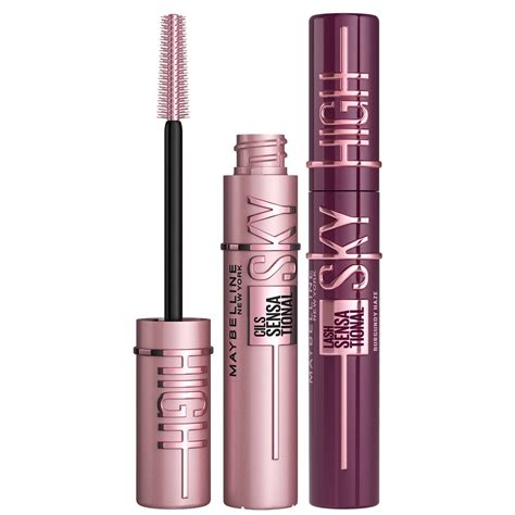 Close-up shot of Maybelline Sky High mascara wand and tube, highlighting its sleek design and the brown shade.