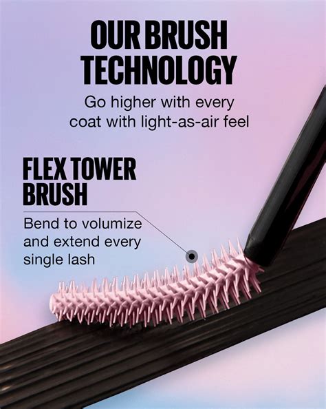 Infographic showing the Maybelline Flex Tower brush bending to reach individual lashes from root to tip.