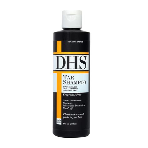 Image of Person & Covey DHS Tar Shampoo bottle with emphasis on the coal tar ingredient.
