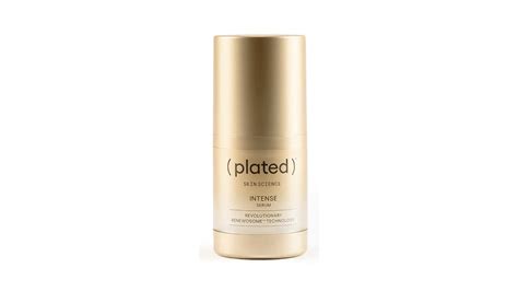 Product packaging images for PLATED INTENSE and DAILY serums.