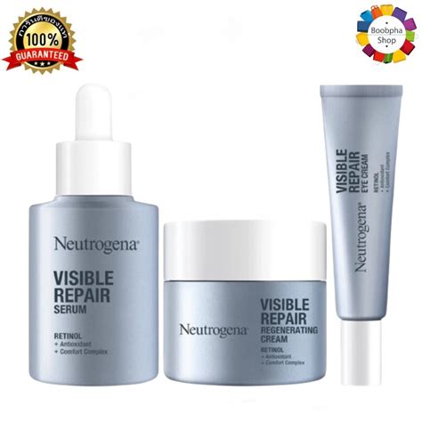 Collage of Neutrogena Visible Repair product packaging and close-ups of cream texture.