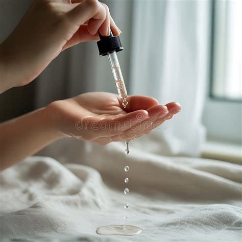 A close-up of a serum dropper dispensing a clear, viscous liquid onto fingertips, emphasizing hydration and plumping.