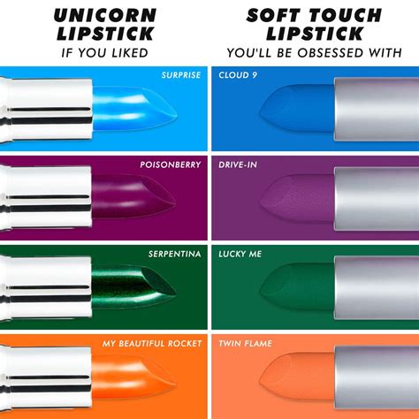 Comparison of standard and limited edition Lime Crime lipstick packaging, highlighting unicorn designs.