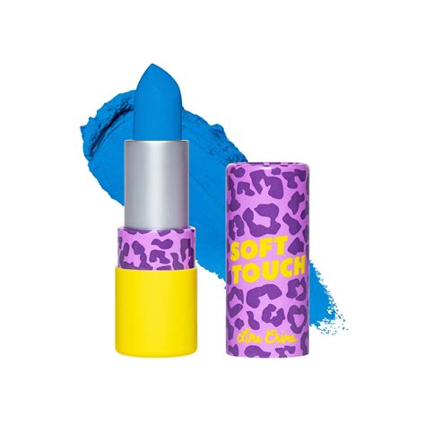 Close-up of a vibrant blue Lime Crime lipstick, showcasing its packaging and texture.