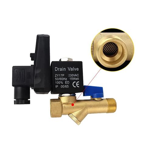 Illustration of an air compressor tank with an automatic drain valve and a coalescing filter downstream.