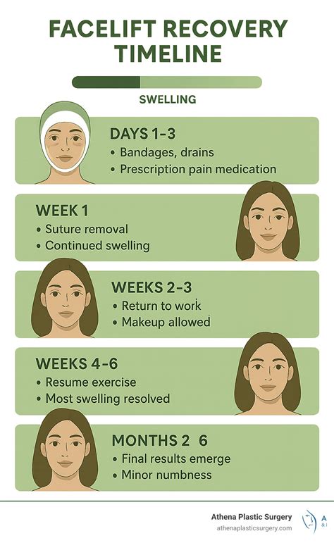 Infographic detailing the brow lift recovery timeline, including typical swelling, bruising, and return to activities.