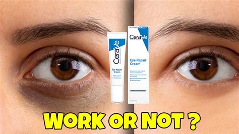 Side-by-side comparison images showing before and after application of CeraVe Eye Repair Cream, highlighting reduction in puffiness and dark circles