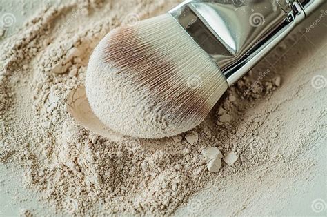 Close-up of a makeup brush being dipped into powder foundation.