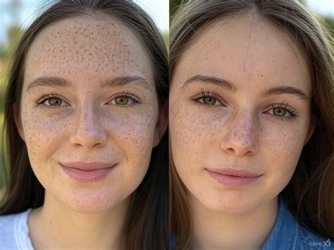 A split image showing the initial dots of faux freckles on one side and the blended, natural-looking freckles on the other.