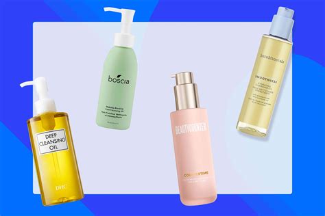 Split image showing examples of cleansing oils suitable for dry and oily skin.