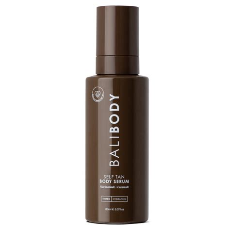 Aesthetic shot of the Bali Body Self Tan Body Serum bottle, showcasing its packaging and luxurious feel.