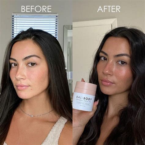 Before and after photos showcasing the natural, bronzed glow achieved with the Bali Body Self Tan Body Serum.