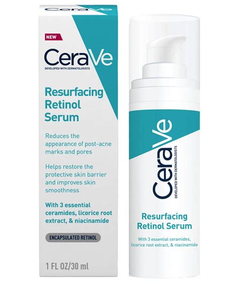 Image of CeraVe Resurfacing Retinol Serum bottle with a graphic highlighting key ingredients like retinol, ceramides, and niacinamide.