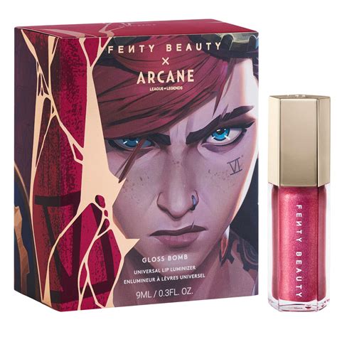 Collage of Fenty Beauty x Arcane Gloss Bomb packaging and product shots.