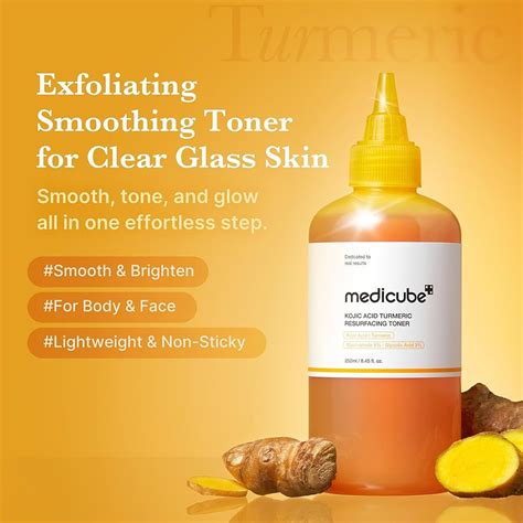 Aesthetic shot of the Medicube Turmeric Toner bottle, showcasing its packaging and texture.