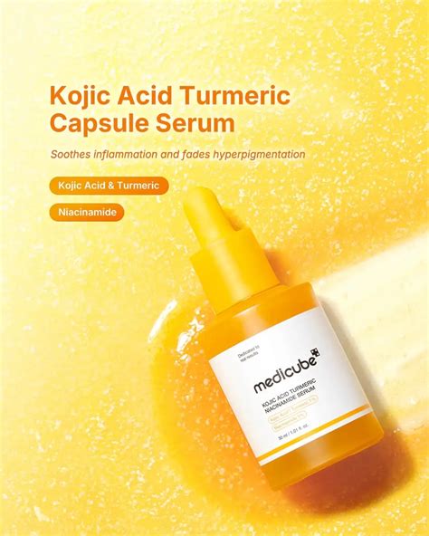 Infographic illustrating the combined action of Kojic Acid, Turmeric, Glycolic Acid, and Niacinamide on skin concerns like dark spots and texture.