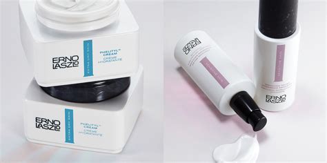 Side-by-side comparison photos showing before and after application of Erno Laszlo skincare, highlighting hydration improvements.