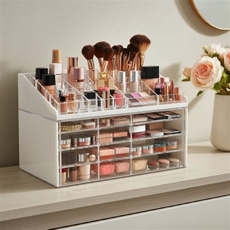 A vanity tabletop neatly organized with various makeup products stored in acrylic drawers and tiered trays.