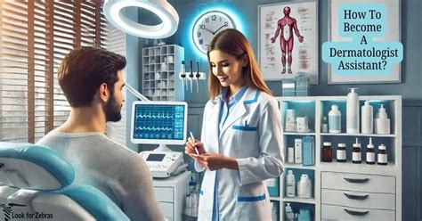 Illustration of a dermatology medical assistant interacting with a patient in an exam room.