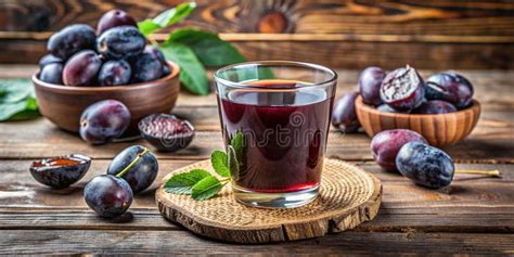 A glass of prune juice next to fresh prunes on a wooden table