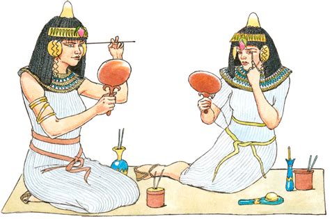 An artistic depiction of ancient Egyptian women applying makeup using natural pigments and tools.