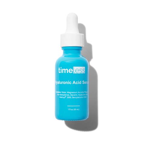 Illustration of the Timeless Hyaluronic Acid Vitamin C Serum bottle with its key ingredients highlighted (Vitamin C, Hyaluronic Acid, Matrixyl 3000).