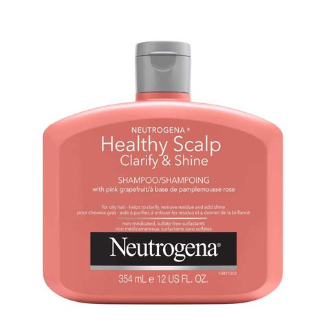 Bottle of Neutrogena Exfoliating Healthy Scalp Clarify & Shine Shampoo.