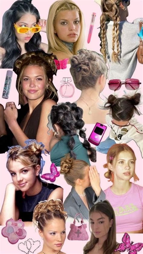 Collage of Y2K fashion and beauty trends: butterfly clips, chunky highlights, glossy lips, and flip phones.