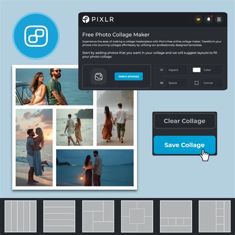 A collage maker interface showing photo arrangement and template options