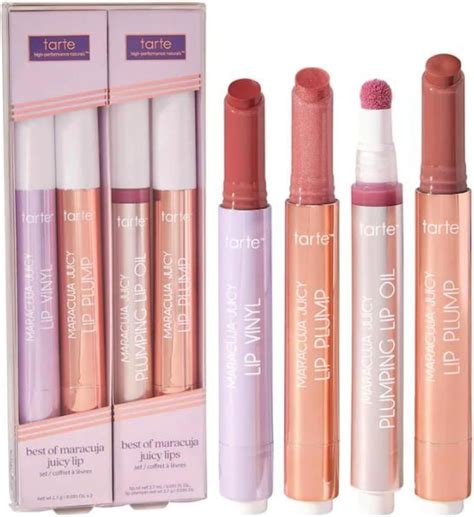 Split image showing lips with and without Tarte Maracuja Juicy Lip Plump to demonstrate plumping effect.