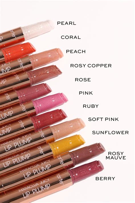 Swatches of Tarte Maracuja Juicy Lip Plump shades on different skin tones.