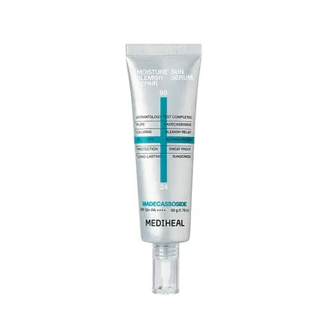Product shot of MEDIHEAL Madecassoside Moisture Sun Serum Blemish Repair with its packaging, showcasing its texture and applicator.