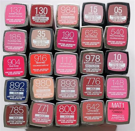 A selection of Maybelline Color Sensational lipsticks in various finishes and shades, showcasing their packaging.