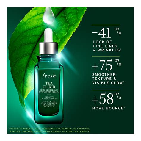 A visually appealing image of the Fresh Tea Elixir Skin Resilience Activating Serum bottle, highlighting its dark teal glass and elegant design.