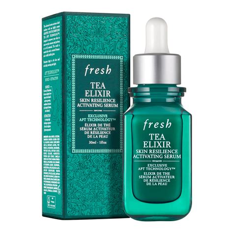 A graphic illustrating the key ingredients of the Fresh Tea Elixir Skin Resilience Activating Serum and their respective benefits for the skin.