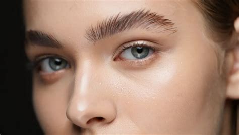 Close-up of fluffy, feathered eyebrows achieved with soap brows