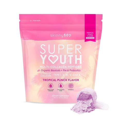 Comparison table highlighting differences between SkinnyFit Super Youth and Vital Proteins Collagen Peptides Advanced, focusing on collagen types, price, number of benefits, flavor options, and reported effectiveness.