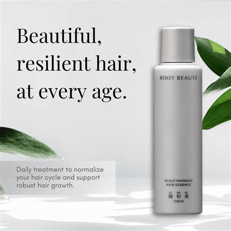 A close-up of the Root Beauté Scalp Massage Hair Essence bottle with a rollerball applicator, highlighting its sleek design.