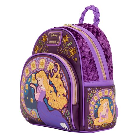 Close-up of a Loungefly mini backpack inspired by Rapunzel's gown, showcasing embroidered details and a 3D bow.
