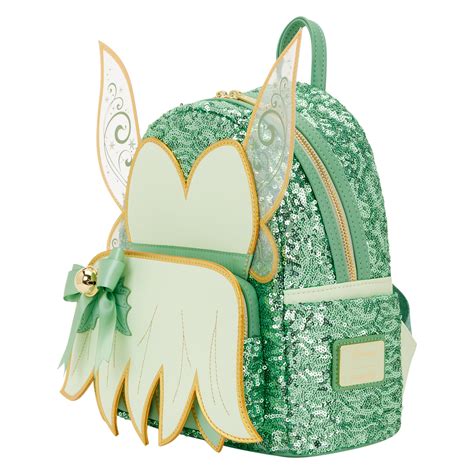 A split image showing the Tinker Bell sequin mini backpack and the Disney Classic Tales book-themed crossbody bag.