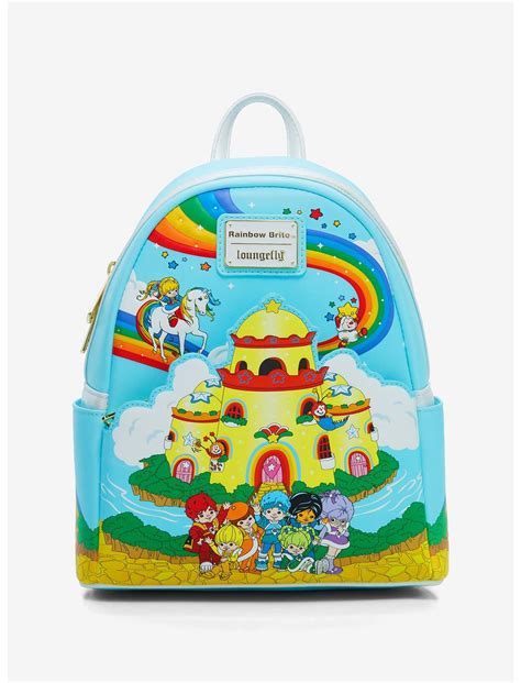 A vibrant display of various Loungefly Rainbow Brite accessories, including a mini backpack, wallet, and notebook.